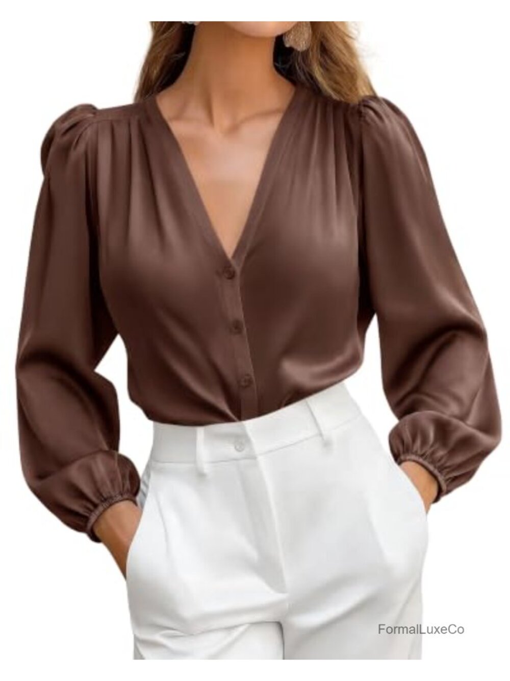 Satin Button Down Blouse V-Neck Lantern Sleeve Dressy Work Top